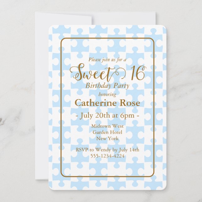 Gold Soft Blue White Puzzle Chequered Sweet 16 Invitation (Front)