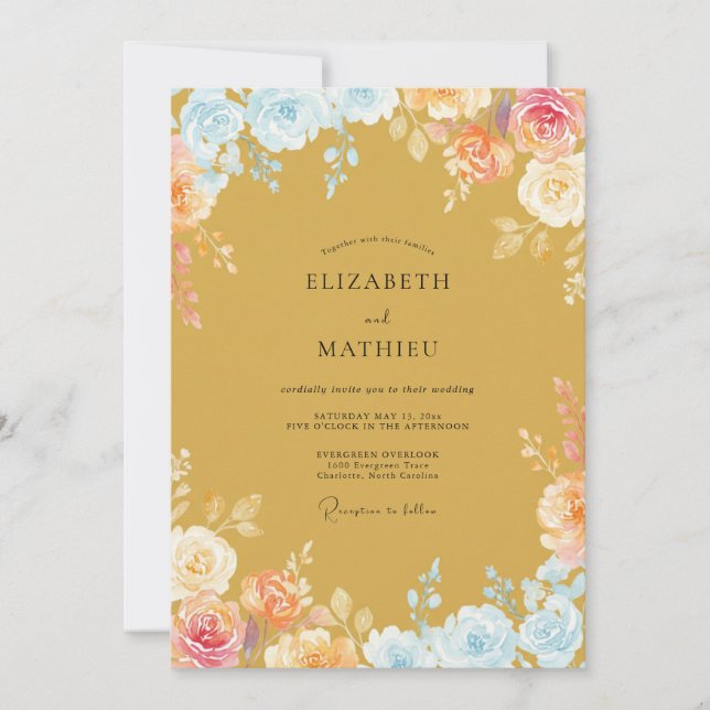 Gold Soft Floral Romance Wedding Invitation (Front)