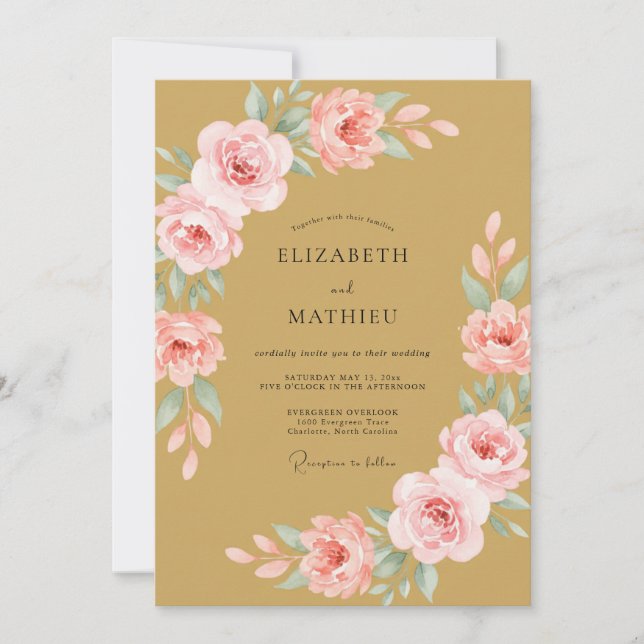 Gold Soft Rose Blossom Wedding Invitation (Front)