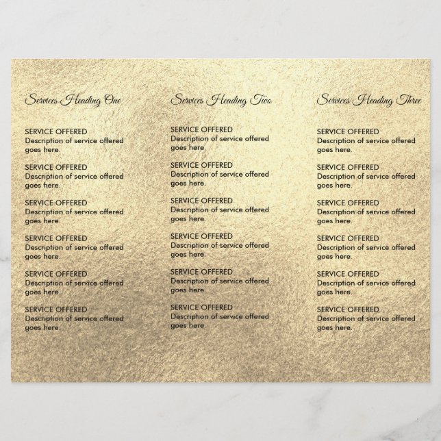Gold Spa, Massage, Hairstylist Menu & Pricing (Back)
