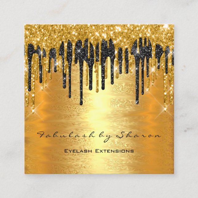 Gold Spark Makeup Artist Lash Black Drips Lux Square Business Card (Front)