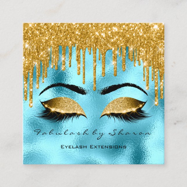 Gold Spark Makeup Artist Lashes Logo Blue Square Business Card (Front)