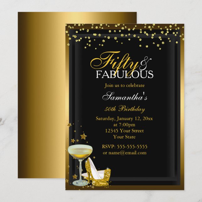 Gold Sparkle 50 Fabulous Birthday Invitation (Front/Back)