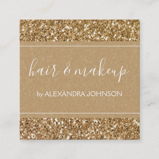 Gold Sparkle and Glitter Hair & Makeup Square Business Card (Front)