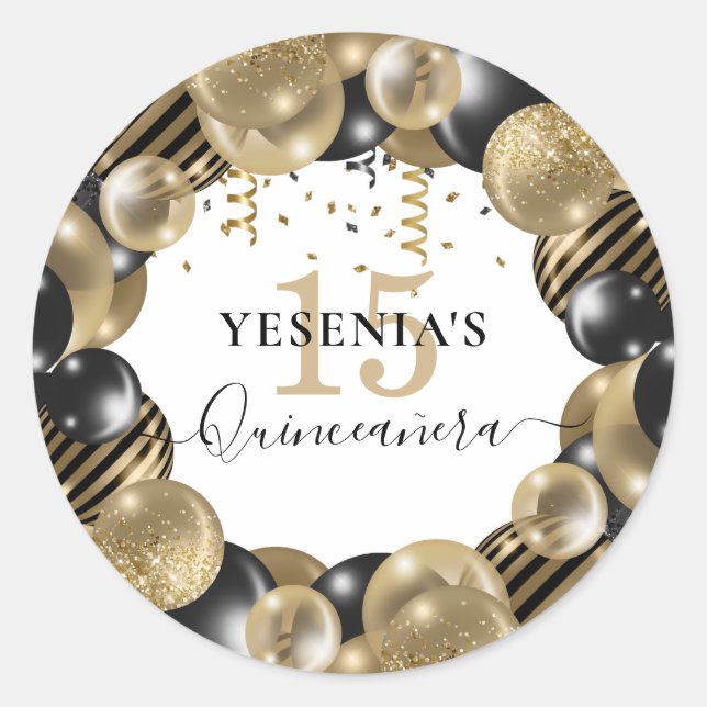 Gold Sparkle Black Quinceanera Balloon Classic Round Sticker (Front)