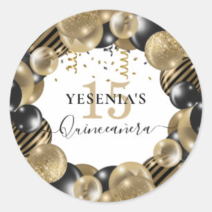 Gold Sparkle Black Quinceanera Balloon Classic Round Sticker