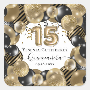 Gold Sparkle Black Quinceanera Balloon Square Sticker