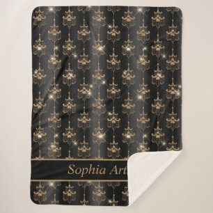 Gold Sparkle Chandelier Pattern Black Sherpa Blanket