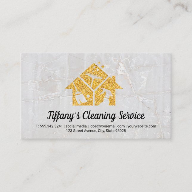 Gold Sparkle Cleaning Service Icons Business Card (Front)
