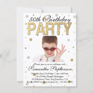 Gold Sparkle Confetti Photo 50th Birthday Party Invitation