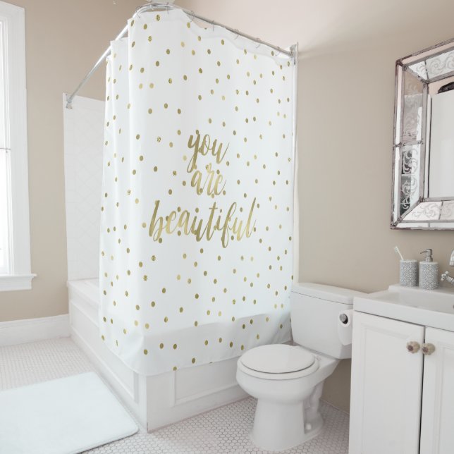 Gold Sparkle Confetti You are Beautiful Shower Curtain (In Situ)