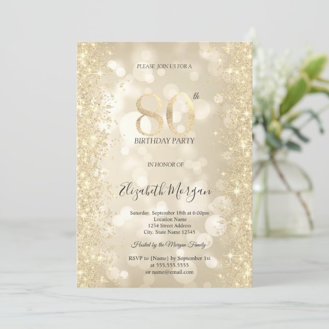 Gold Sparkle Diamonds Bokeh 80th Birthday   Invitation (Standing Front)