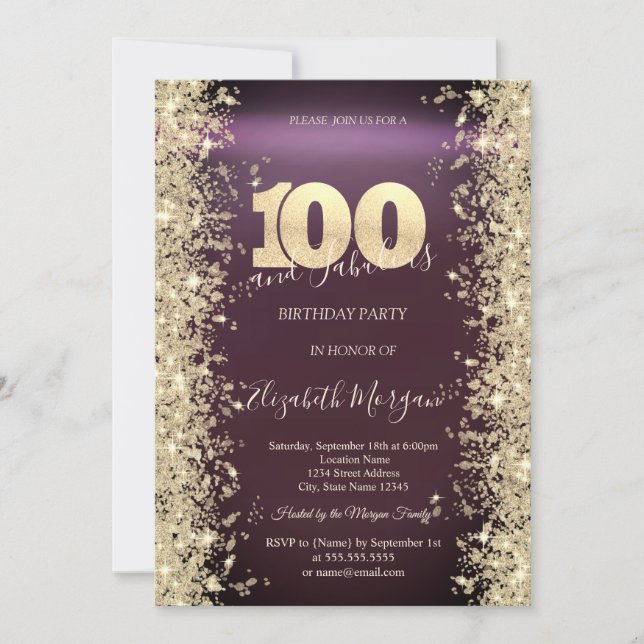 Gold Sparkle Diamonds Burgundy 100th Birthday   Invitation (Front)
