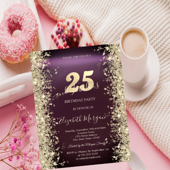 Gold Sparkle Diamonds Burgundy 25th Birthday   Invitation (Creator Uploaded)