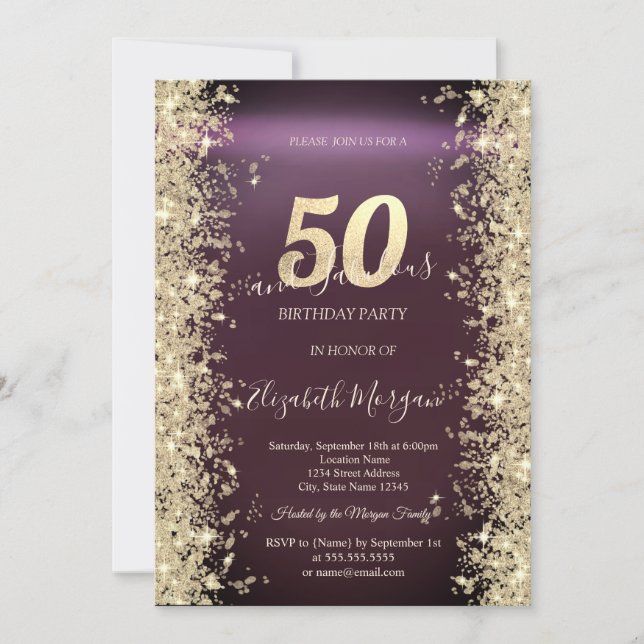 Gold Sparkle Diamonds Burgundy 50th Birthday   Invitation (Front)