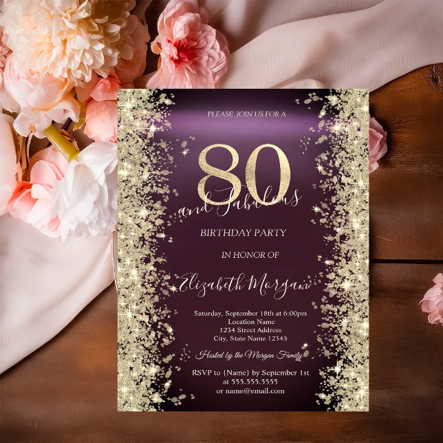Gold Sparkle Diamonds Burgundy 80th Birthday   Invitation (Creator Uploaded)