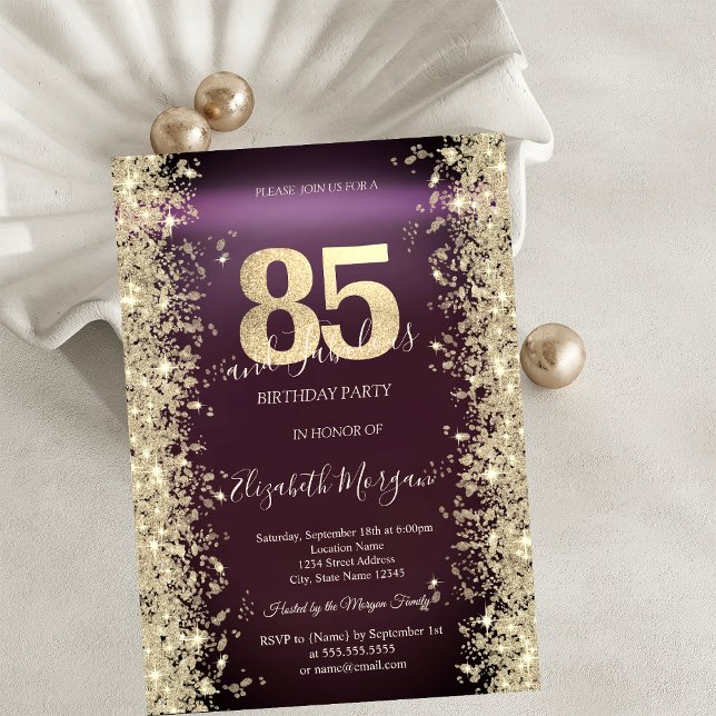 Gold Sparkle Diamonds Burgundy 85th Birthday   Invitation (Creator Uploaded)