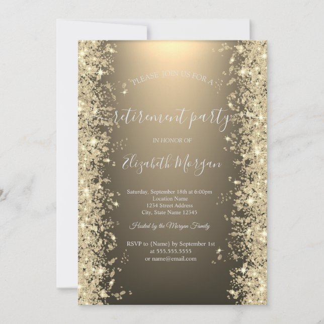 Gold Sparkle Diamonds Shiny Gold Retirement  Invitation (Front)