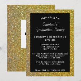 Gold Sparkle Dinner Black Graduation Invitation