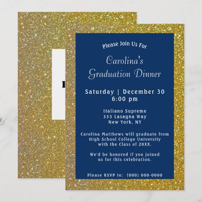 Gold Sparkle Dinner Blue Graduation Invitation (Front/Back)