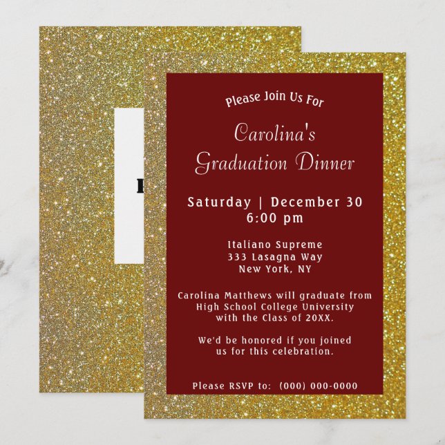 Gold Sparkle Dinner Maroon Graduation Invitation (Front/Back)