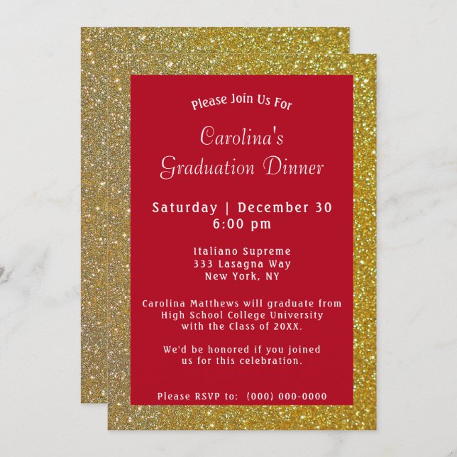 Gold Sparkle Dinner Red Graduation Invitation (Front/Back)