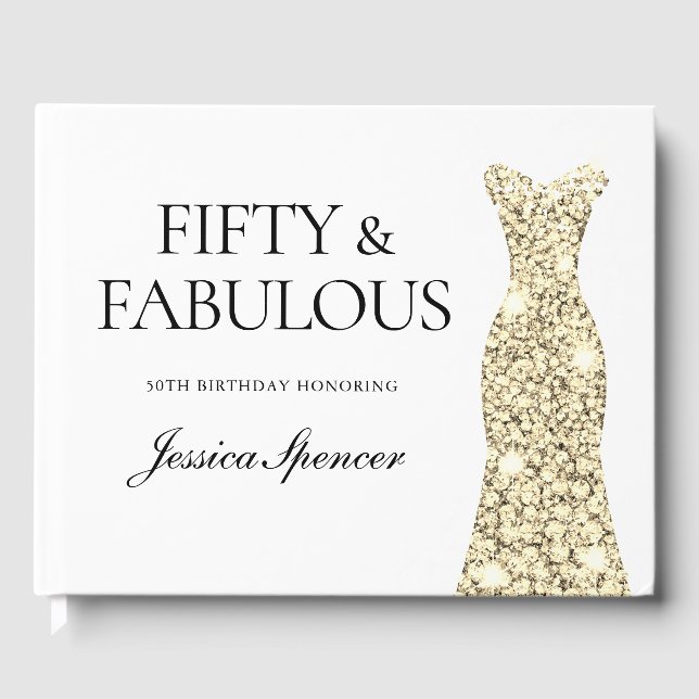 Gold Sparkle Dress 50th Birthday Party Guest Book (Front)