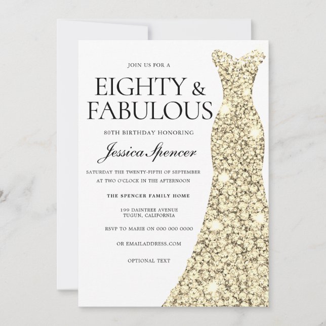 Gold Sparkle Dress 80 & Fabulous 80th Birthday Invitation (Front)