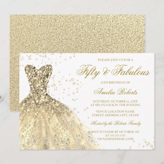 Gold Sparkle Dress Fabulous 50th Birthday Party Invitation (Front/Back)