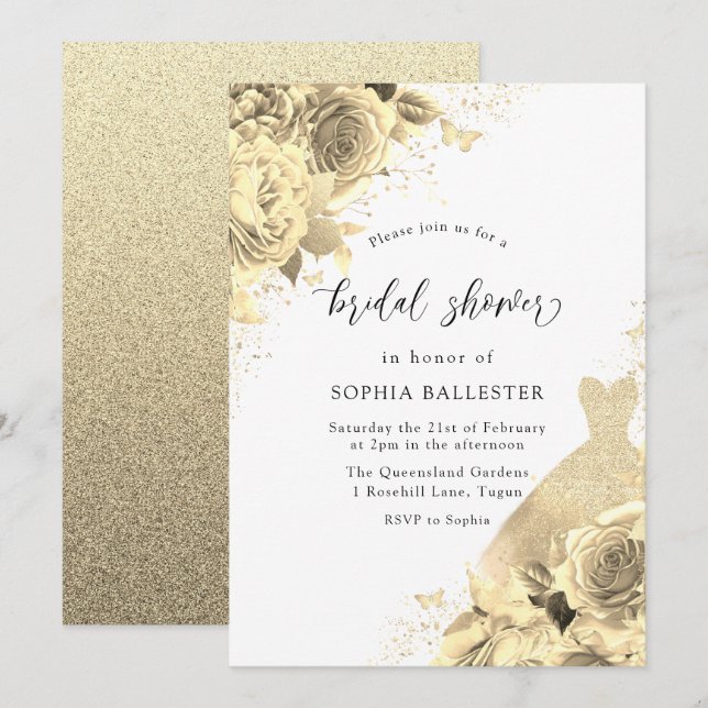Gold Sparkle Dress & Flowers Bridal Shower Invitation (Front/Back)