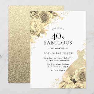 Gold Sparkle Dress & Flowers Womans 40th Birthday Invitation