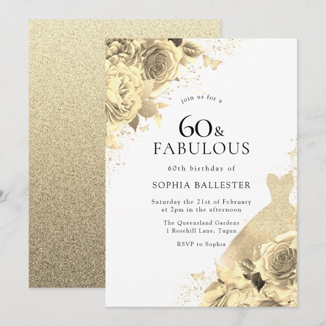 Gold Sparkle Dress & Flowers Womans 60th Birthday Invitation (Front/Back)