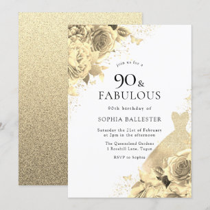 Gold Sparkle Dress & Flowers Womans 90th Birthday Invitation