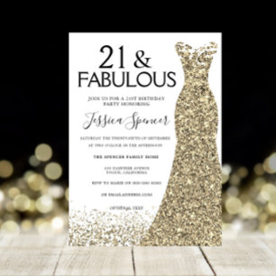 Gold Sparkle Dress Girls 21st Birthday Party Invitation