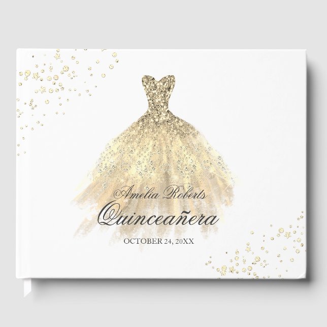 Gold Sparkle Dress Quinceanera Guest Book (Front)
