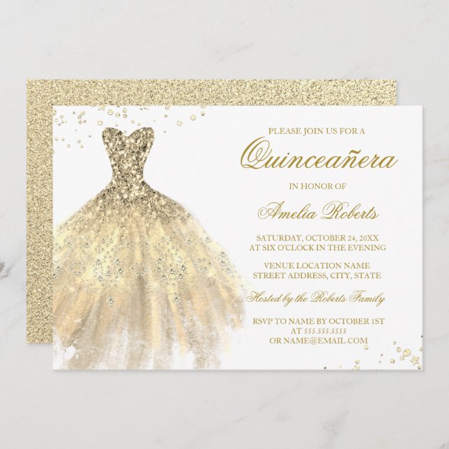 Gold Sparkle Dress Quinceanera Invitation (Front/Back)