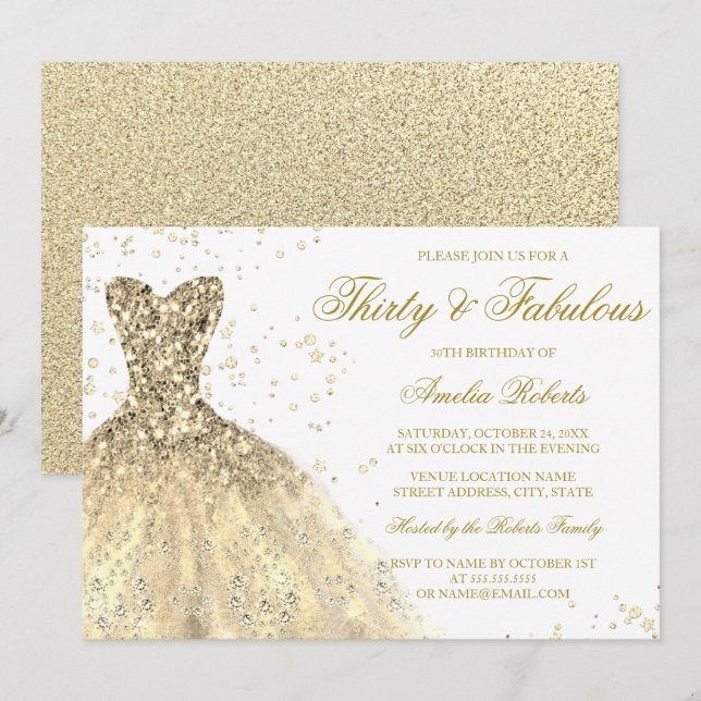Gold Sparkle Dress Womans 30th Birthday Party Invitation (Front/Back)