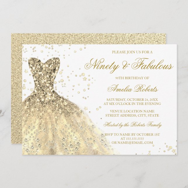 Gold Sparkle Dress Womans 90th Birthday Party Invitation (Front/Back)