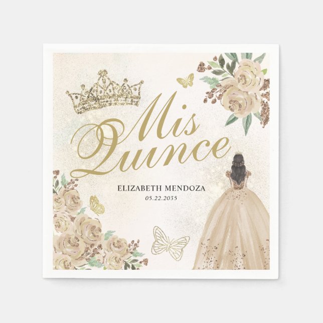 Gold Sparkle Floral Princess Quinceañera Birthday Napkin (Front)