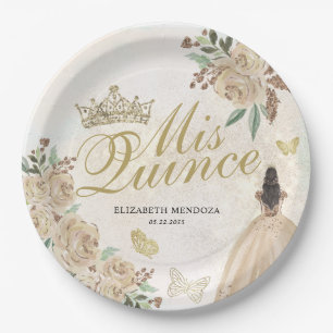 Gold Sparkle Floral Princess Quinceañera Birthday Paper Plate