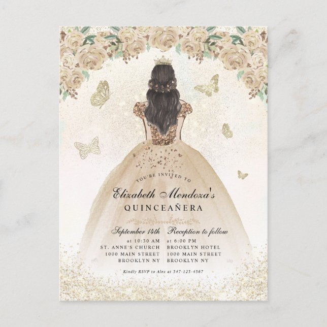Gold Sparkle Floral Princess Quinceañera Birthday Postcard (Front)