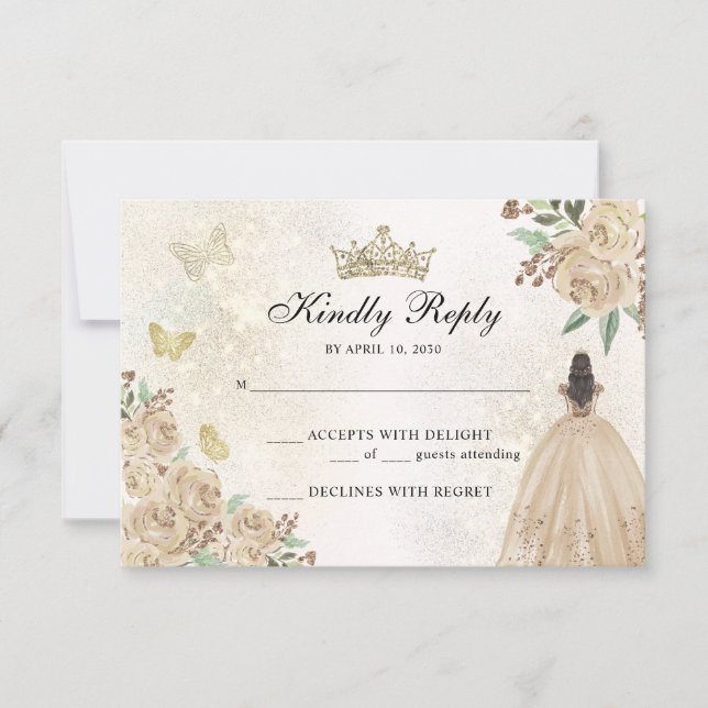 Gold Sparkle Floral Princess Quinceañera Birthday RSVP Card (Front)
