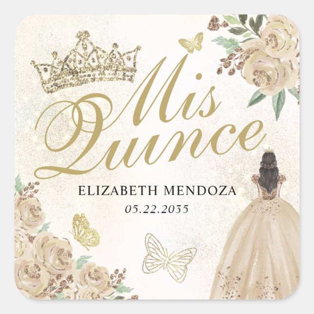Gold Sparkle Floral Princess Quinceañera Birthday Square Sticker (Front)
