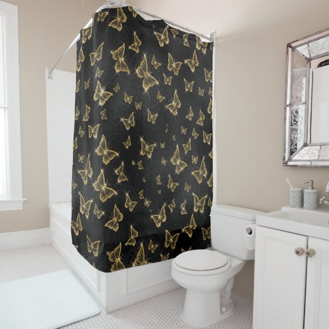 Gold Sparkle Glam Butterflies Shower Curtain (In Situ)