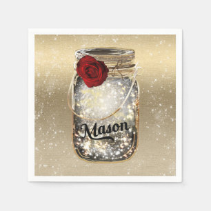Gold Sparkle Glam Red Rose Mason Jar Napkin