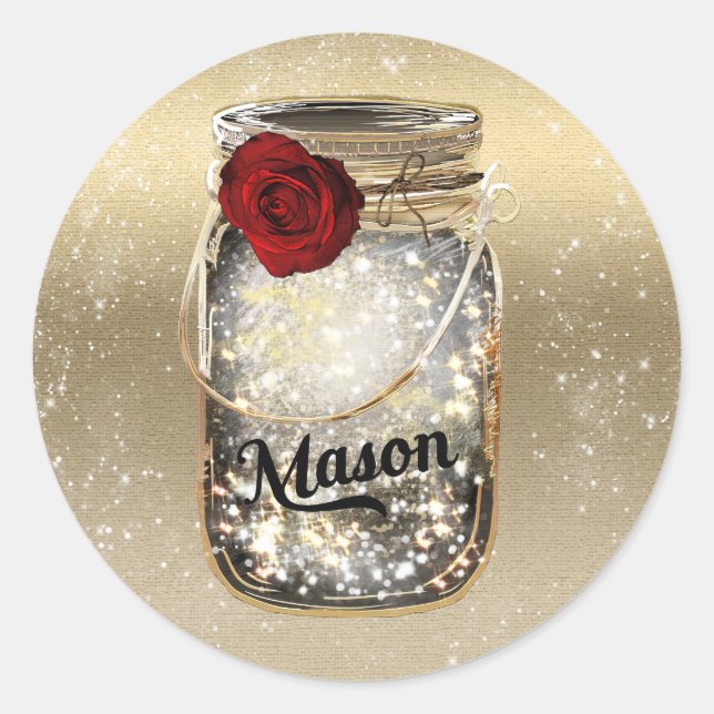 Gold Sparkle Glam Red Rose Mason Jar Party Classic Round Sticker (Front)