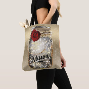 Gold Sparkle Glam Red Rose Mason Jar Tote Bag