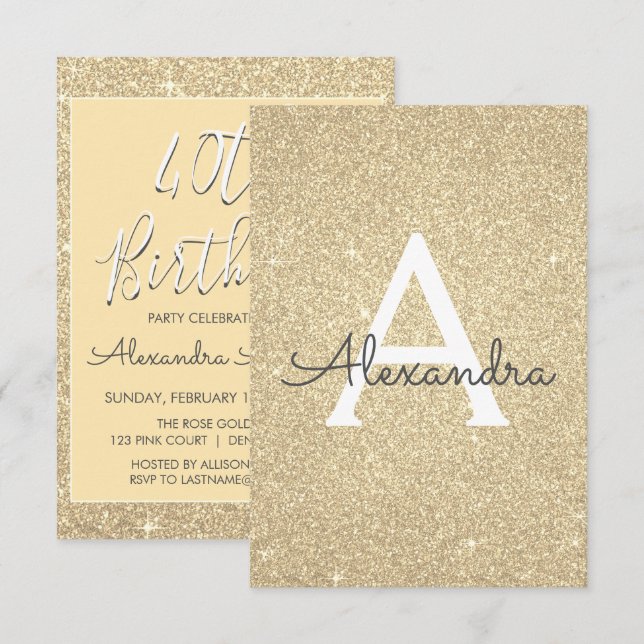 Gold Sparkle Glitter 40th Birthday Party Invitation (Front/Back)