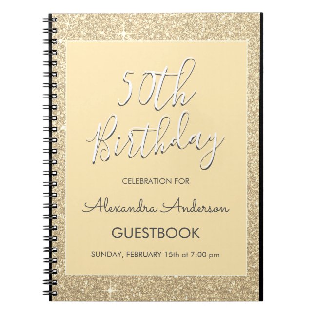 Gold Sparkle Glitter 50th Birthday Guestbook Notebook (Front)