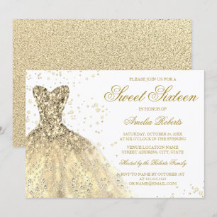 Gold Sparkle Glitter Dress Sweet 16 Birthday Invitation